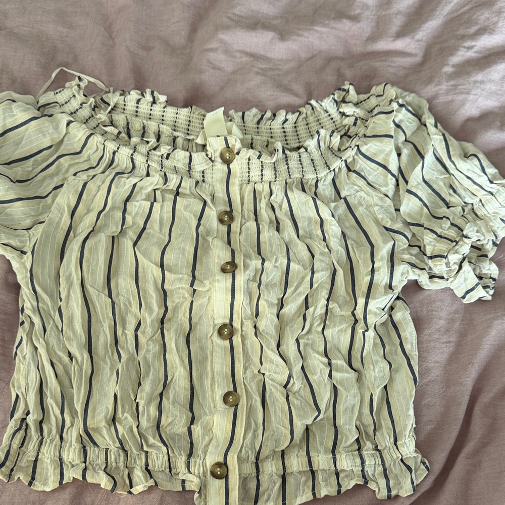 H&M Cream and Blue Button-Down Blouse